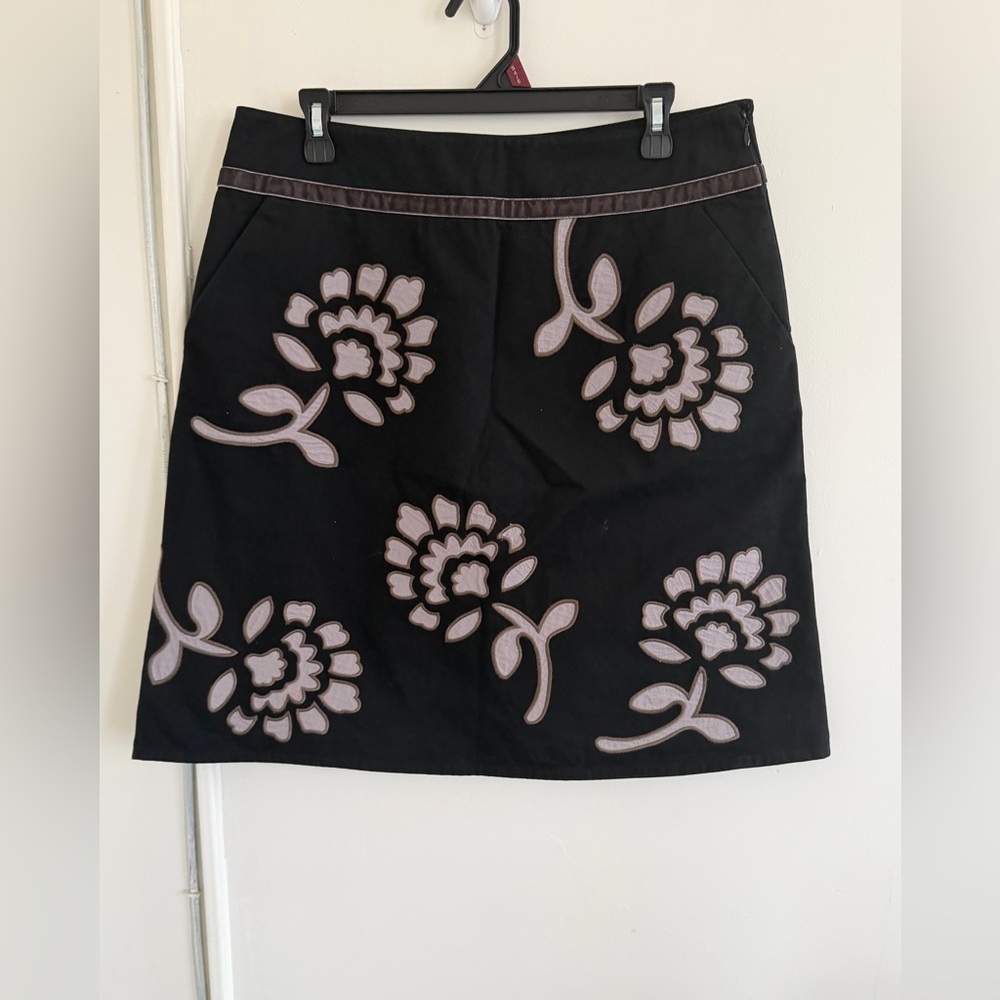 Boden A Line Skirt 14R Black Appliqués Embroidered Velvet Trim
